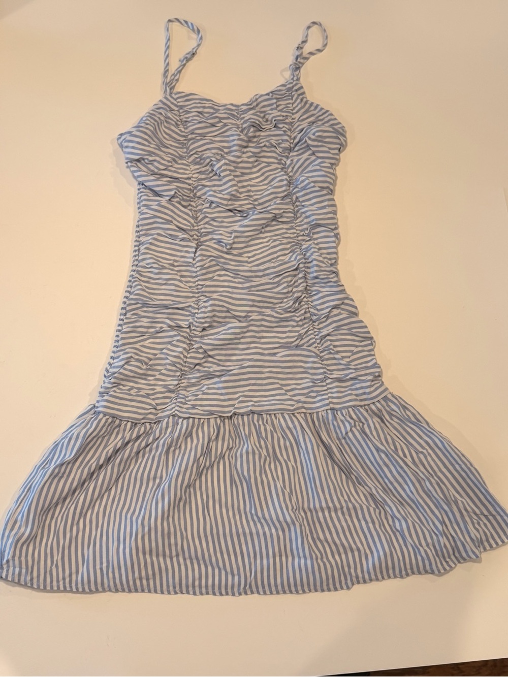 SO Blue and White Striped spaghetti strap seersucker Mini Dress